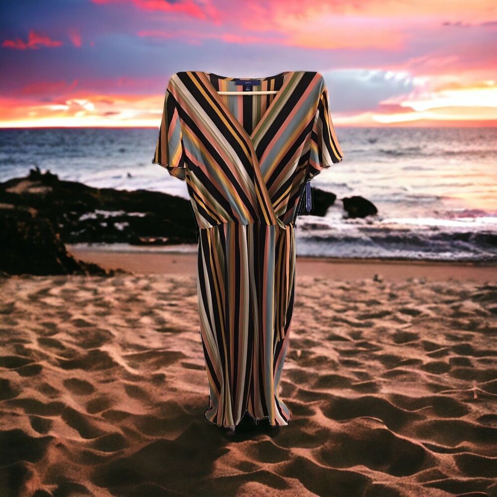 Apt. 9 Snap Wrap Front Jumpsuit Women's Size 12 Flutter Sleeve Multicolor Stripe